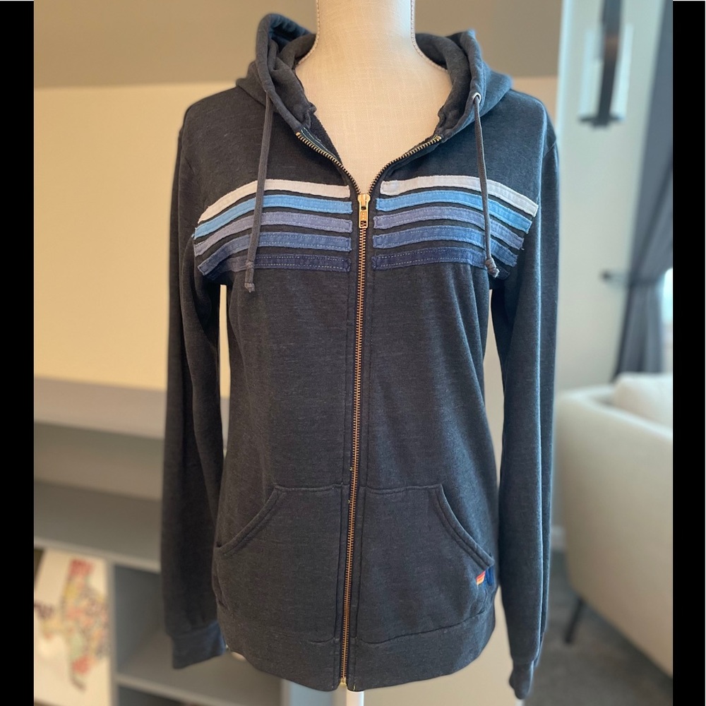 Aviator Nation Charcoal Hoodie Blue Striped M